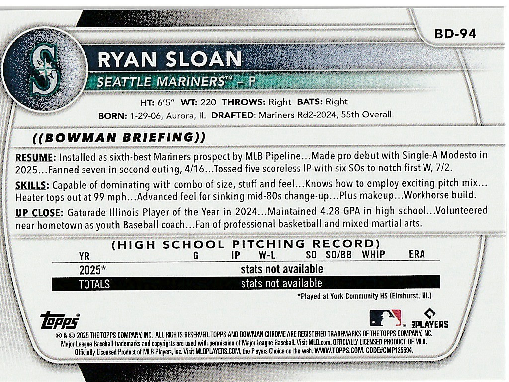 Ryan Sloan Seattle Mariners 2025 Bowman Draft ****