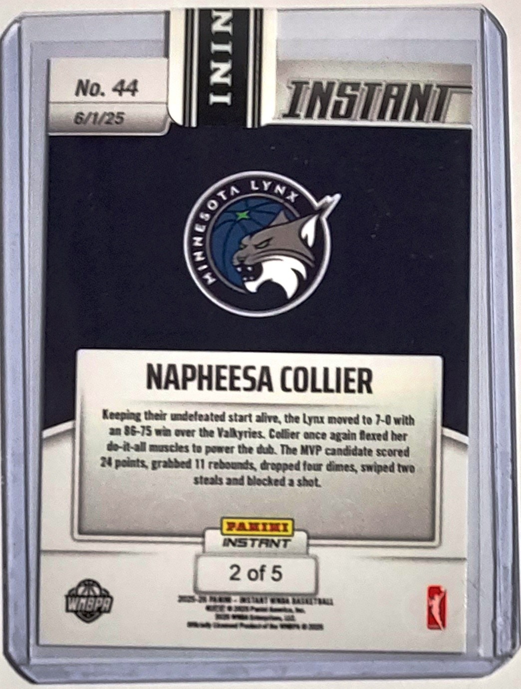 NAPHEESA COLLIER 2025 PANINI INSTANT WNBA #44 ⚡️ LIGHTNING /5 ⚡️ Minnesota Lynx