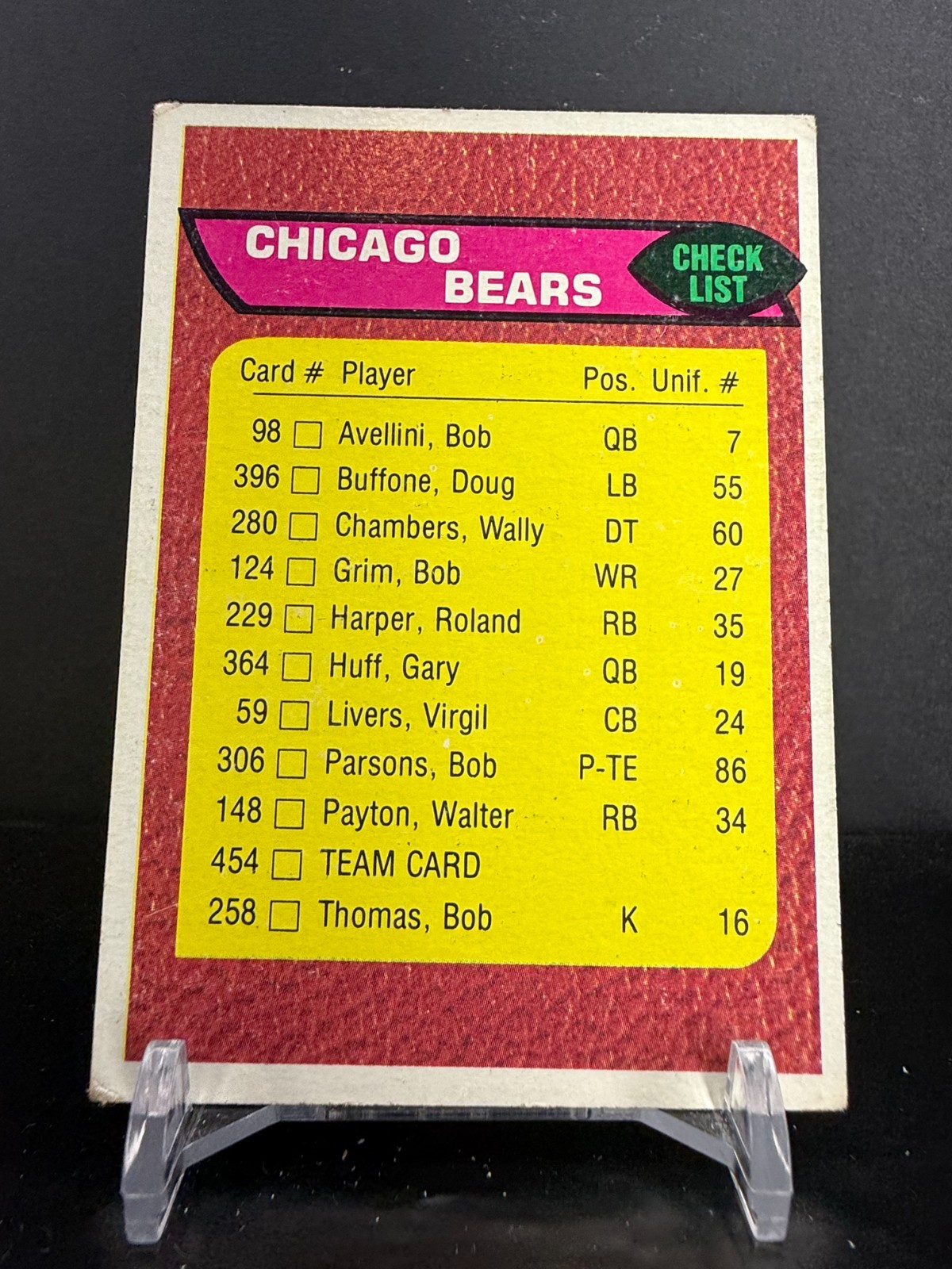 1-159 – 1976 Topps – Team Checklist – Chicago Bears #454