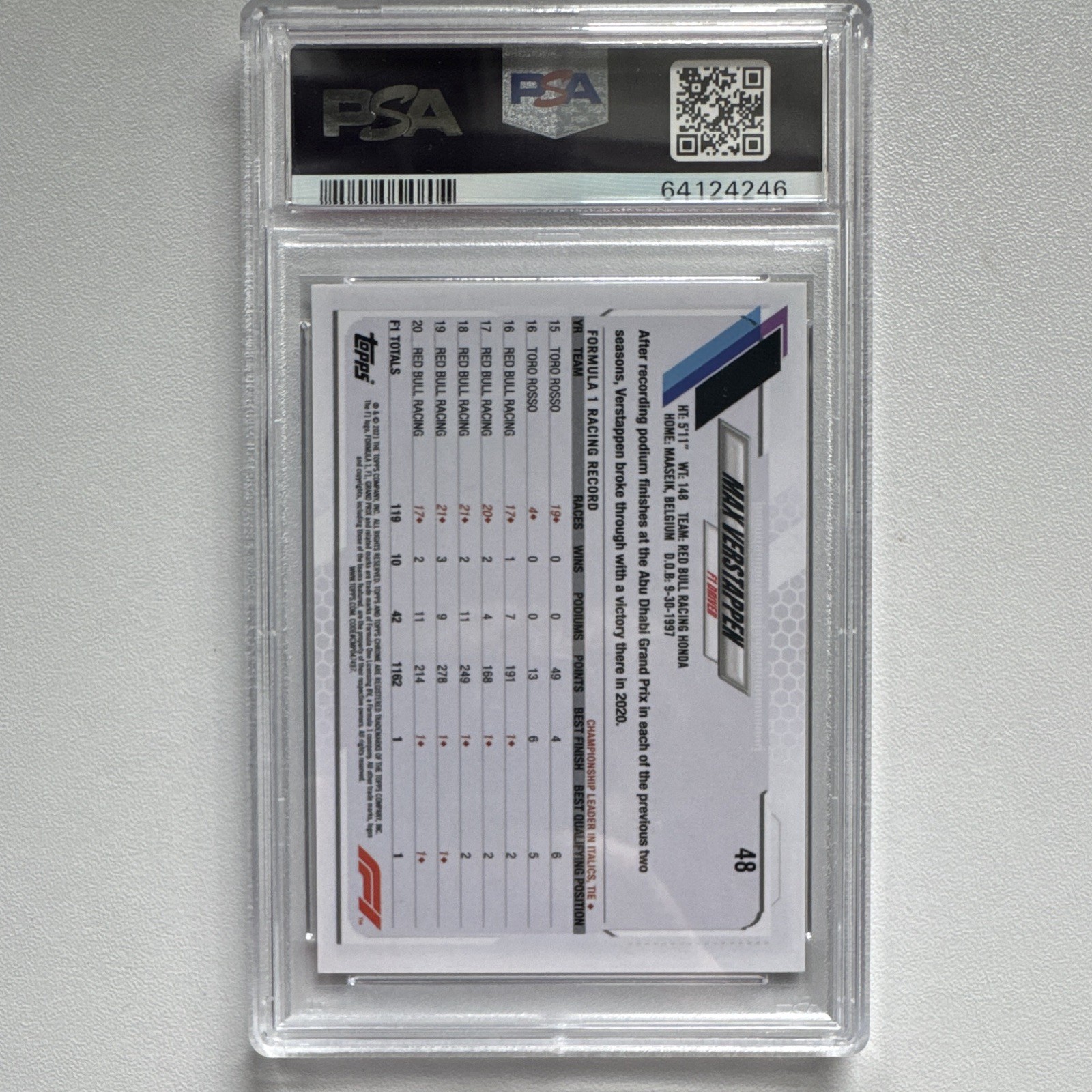 2021 Topps Chrome Formula 1 Max Verstappen Purple/Green Refractor #48 PSA 10