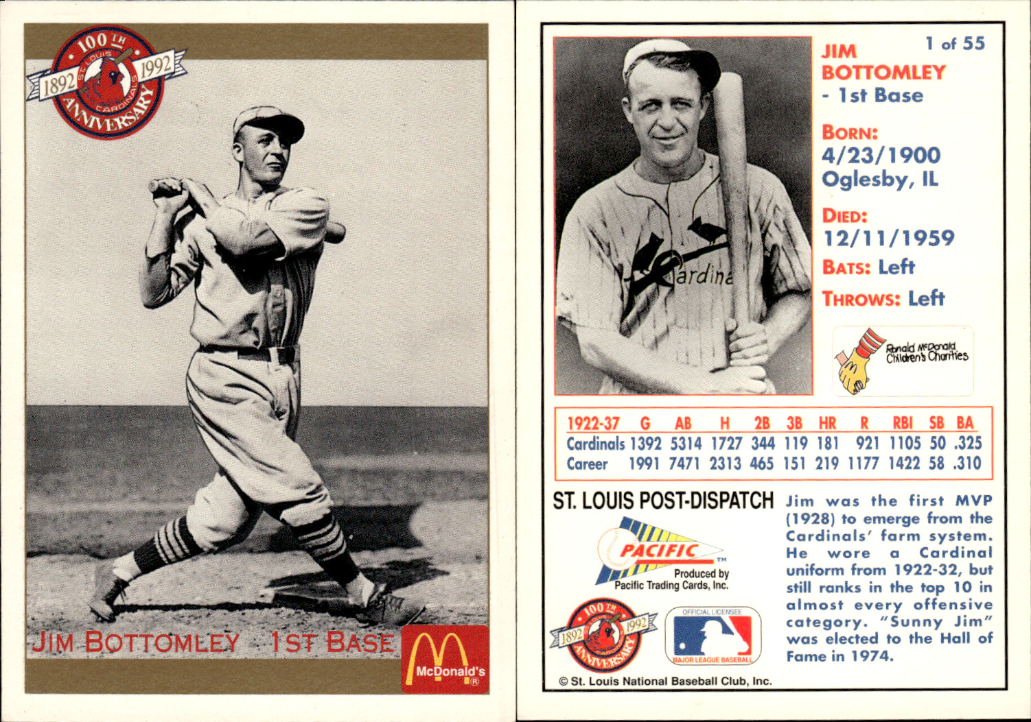 1992 Pacific McDonald’s St. Louis Cardinals #1-55 ~ Choose Your Card
