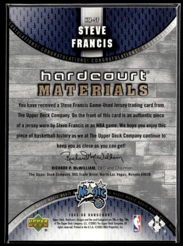 2005-06 Upper Deck Hardcourt #HM-SF Steve Francis Materials Jersey Patch