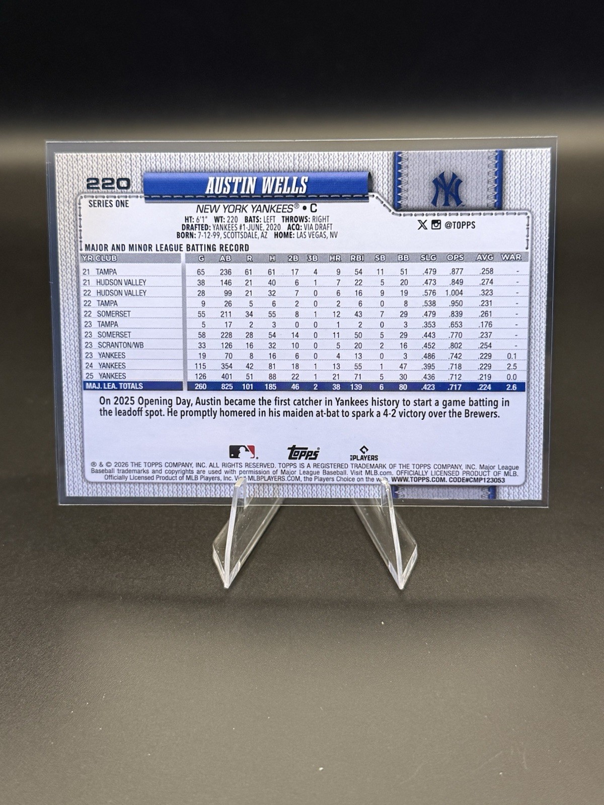 2026 Topps Series 1 #220 Austin Wells – New York Yankees