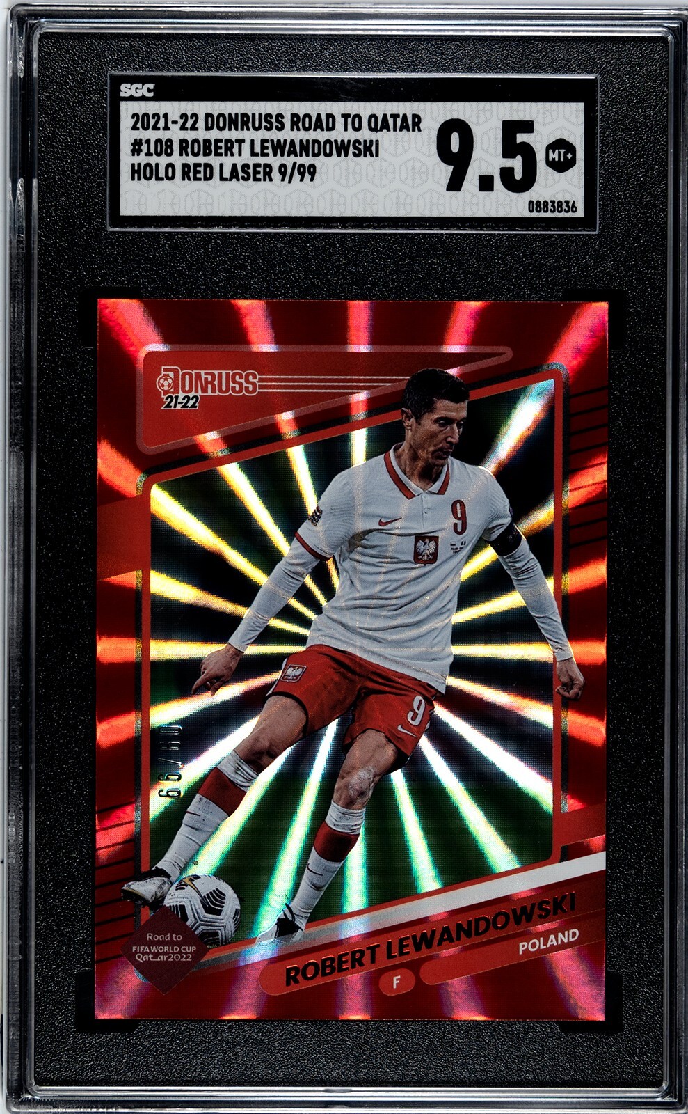 2021-22 Donruss ROBERT LEWANDOWSKI Holo Red Laser /99 Jersey number # SGC 9.5
