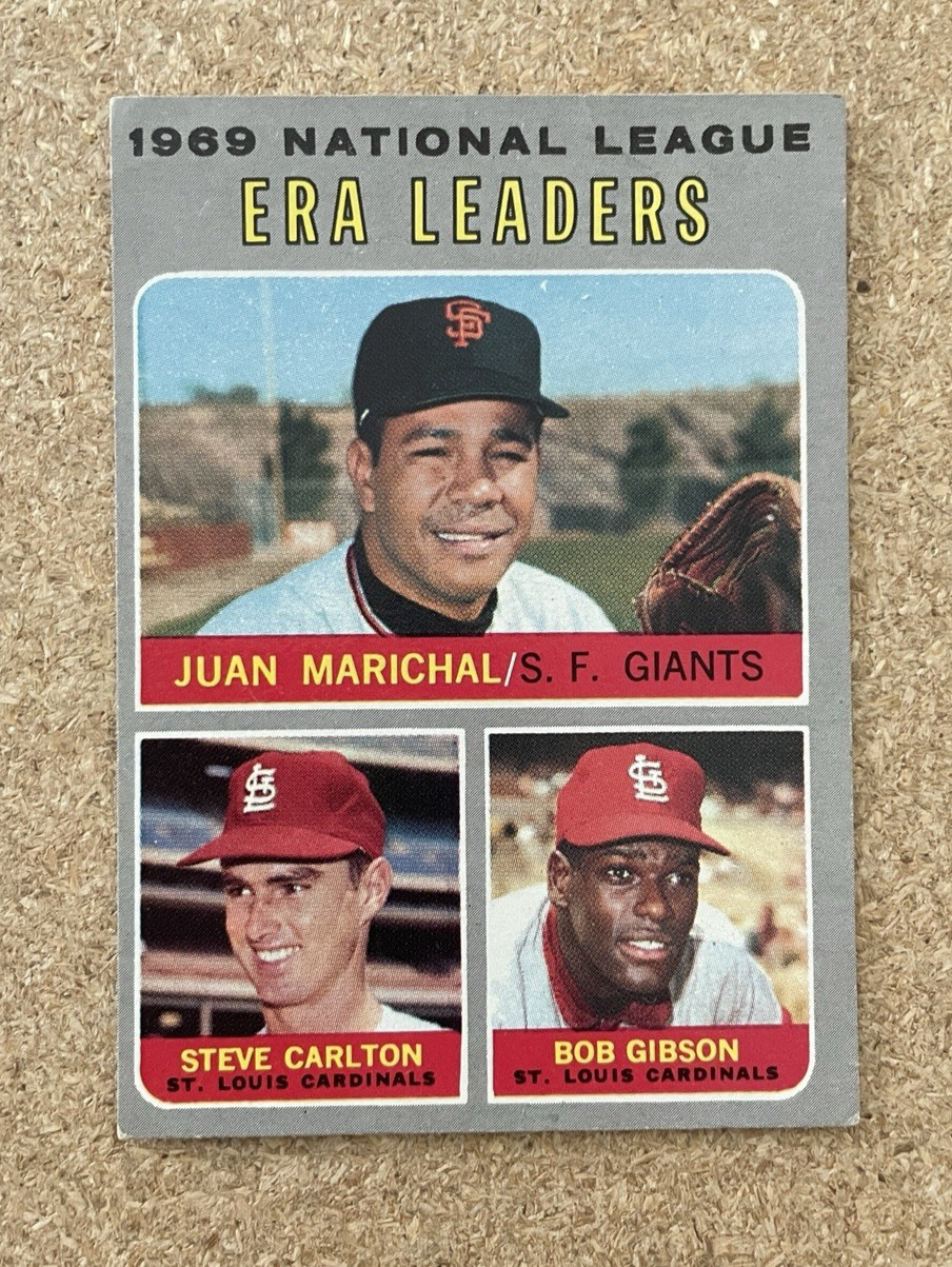 1970 Topps #67 NL ERA Leaders – Marichal, Carlton, Gibson