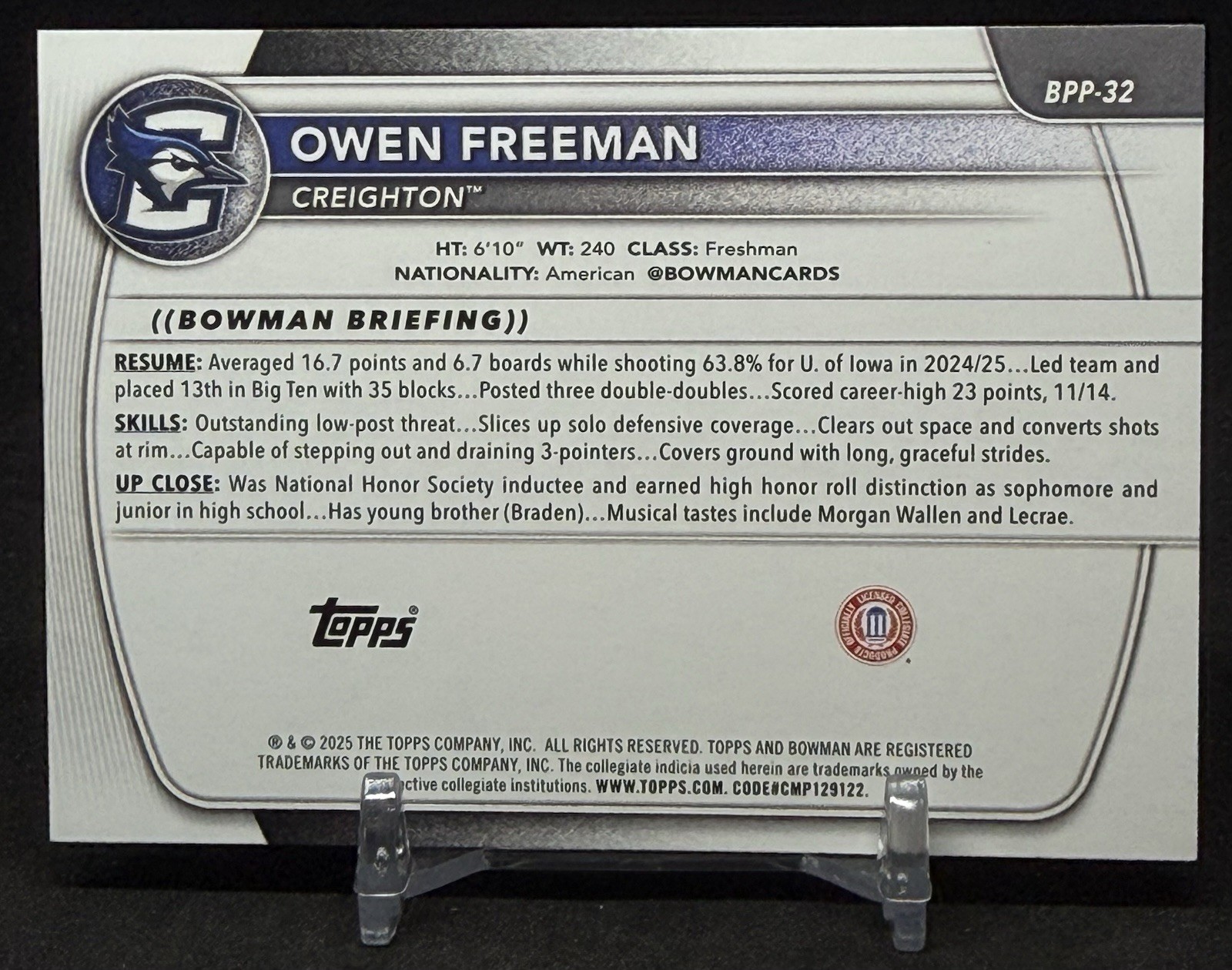 2025 Bowman U 1st Bowman Owen Freeman #BPP-32 Creighton
