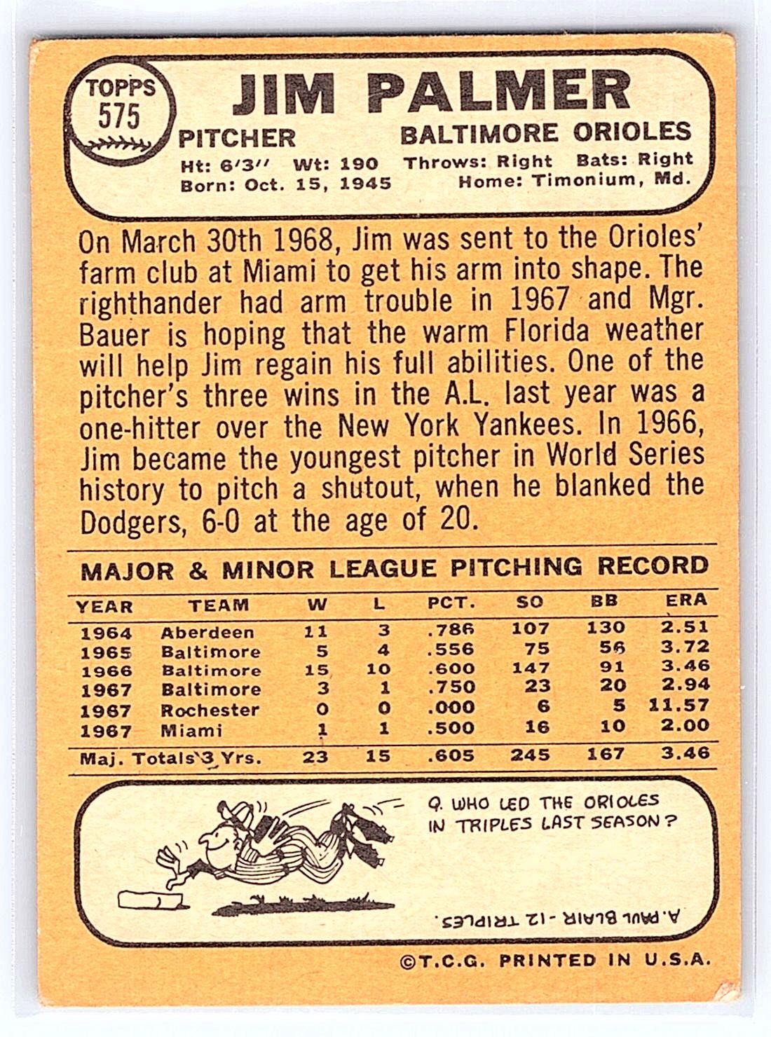 Jim Palmer 1968 Topps 575