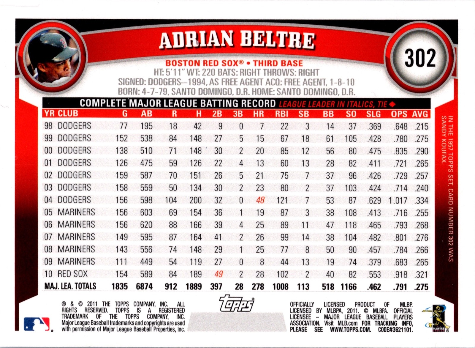 2011 Topps – Adrian Beltre #302 Platinum Diamond Anniversary