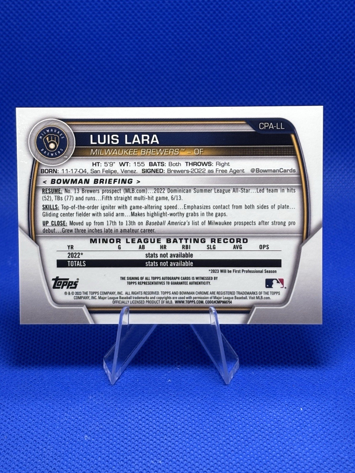 LUIS LARA 2023 Bowman Chrome 1st Prospect Auto Base (#CPA-LL) MKE Brewers