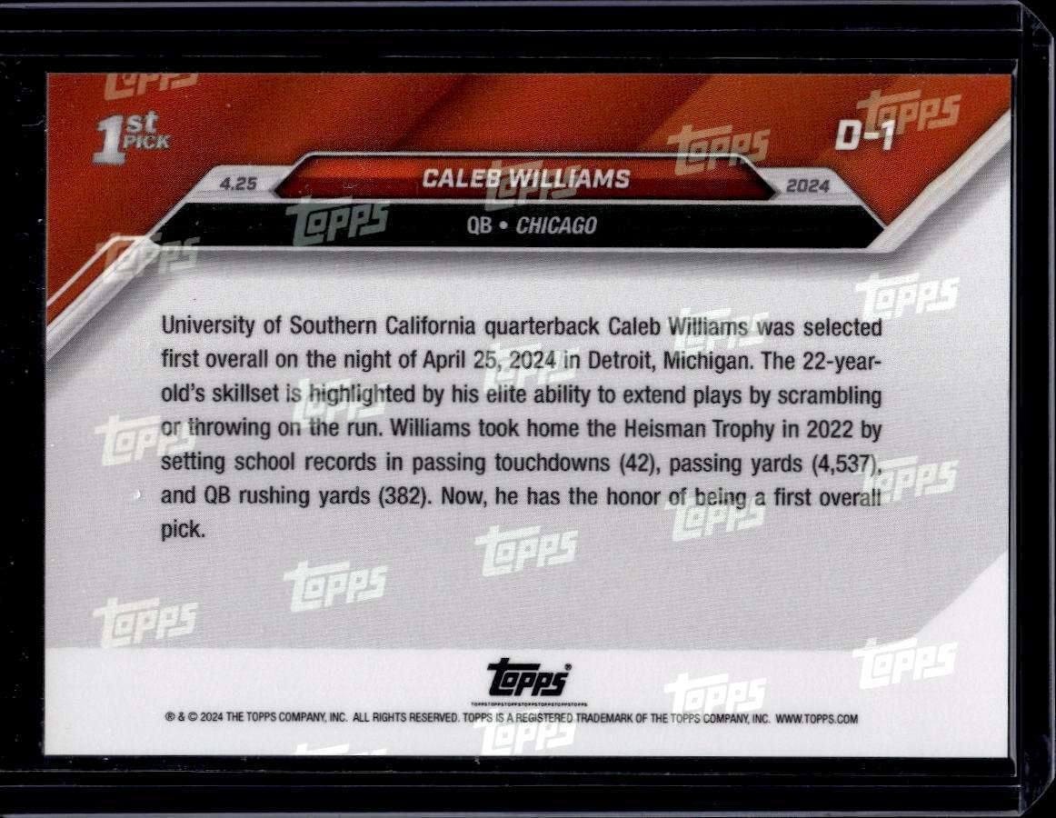 2024 Topps Now #D-1 Caleb Williams RC Rookie Base Card (Qty)
