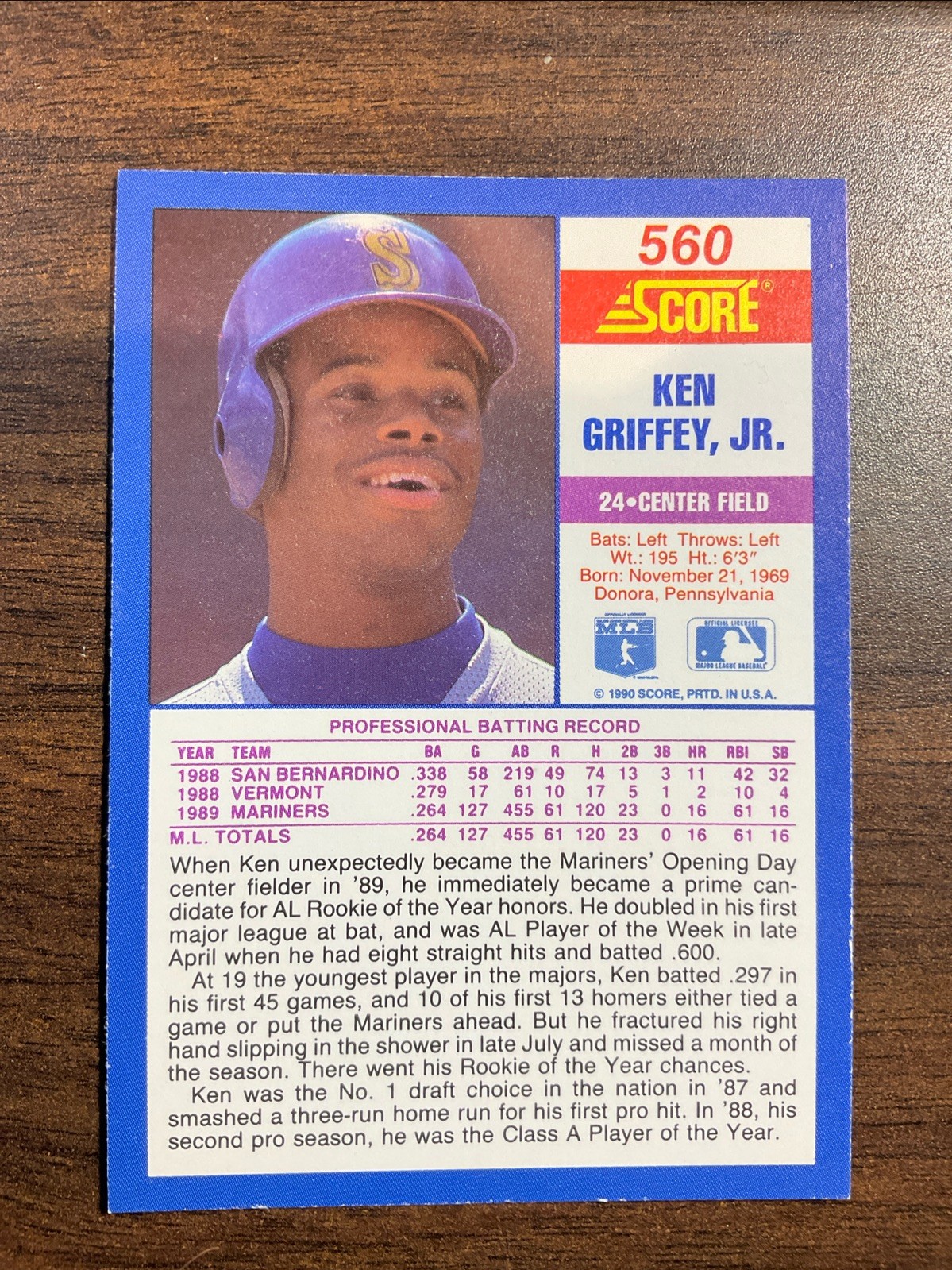 1990 Score – Ken Griffey Jr #560 Seattle Mariners HOF