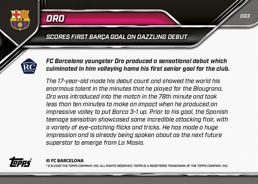 Pedro Fernandez DRO Barca Debut 2025 FC Barcelona Topps NOW #3 – Presale