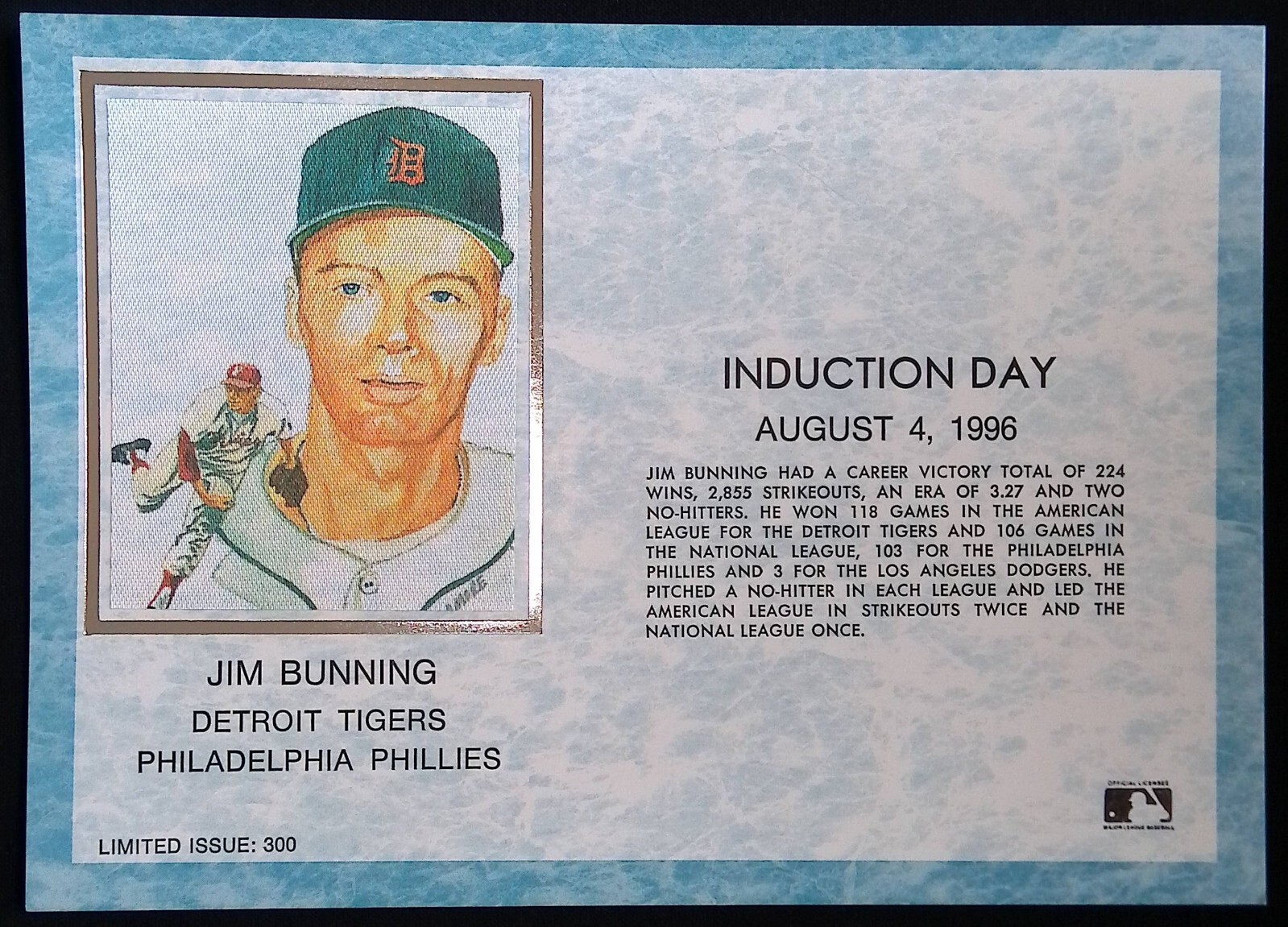 1996 MLB HOF INDUCTION DAY POSTCARD ~ JIM BUNNING ~ FAMOUS FLANNELS MAX Z ~ NOS