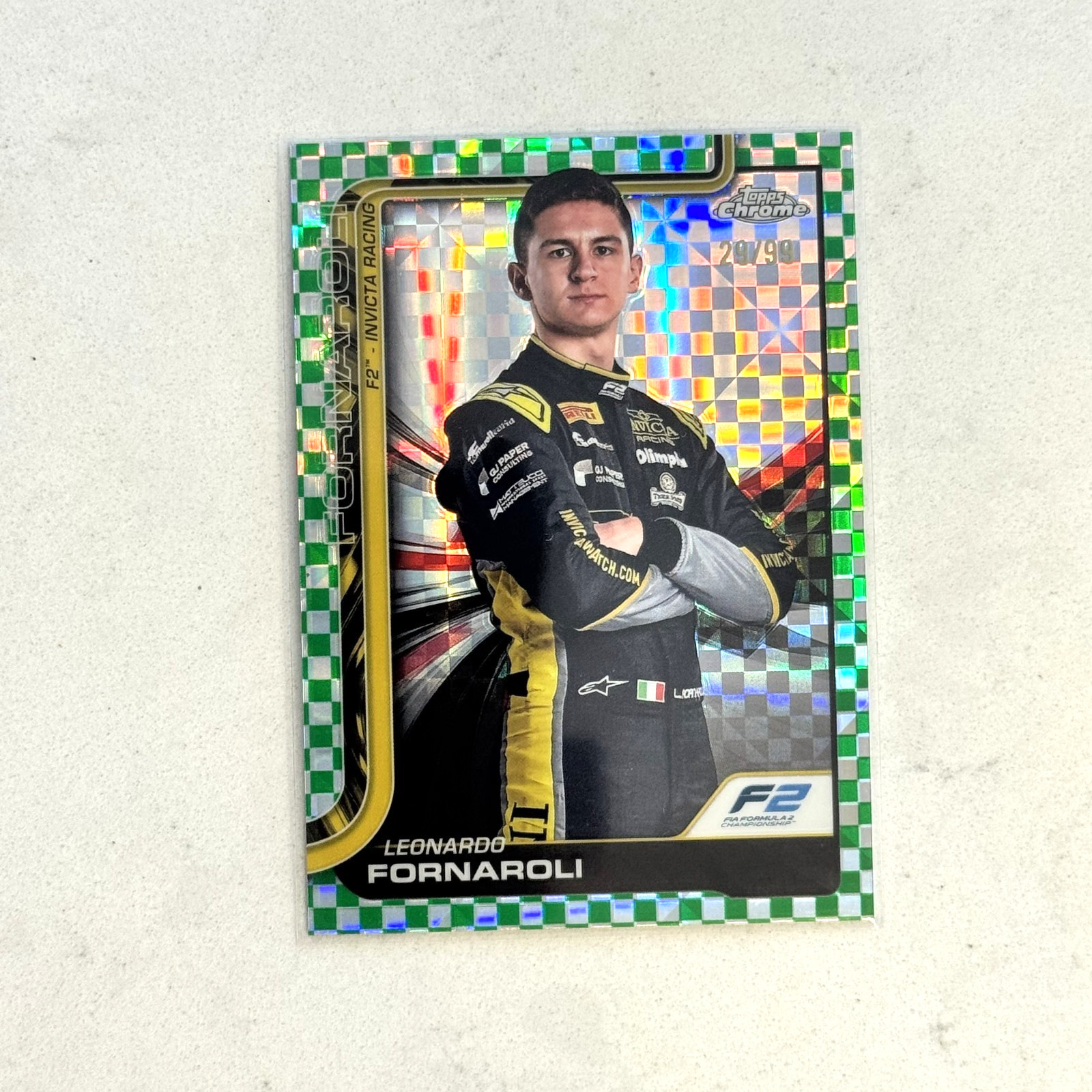 2025 Topps Chrome F1 #21 Leonardo Fornaroli Green Checker Flag Refractor /99