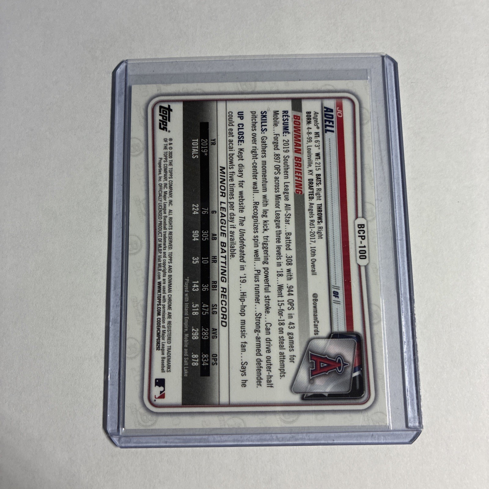 2020 Bowman – Chrome Prospects Jo Adell #BCP-100 Yellow Refractor /75 (RC)