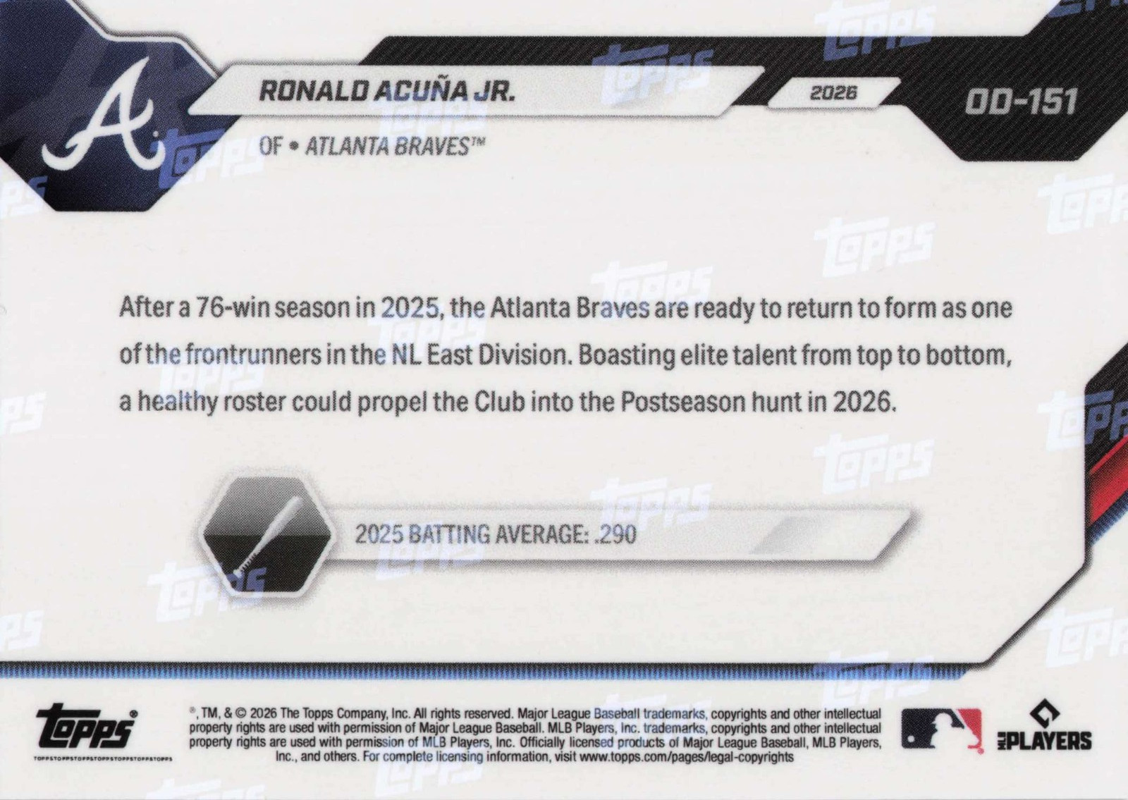 2026 Topps Now Road to Opening Day OD-151 Ronald Acuna Jr. – 25 Cents Shipping!