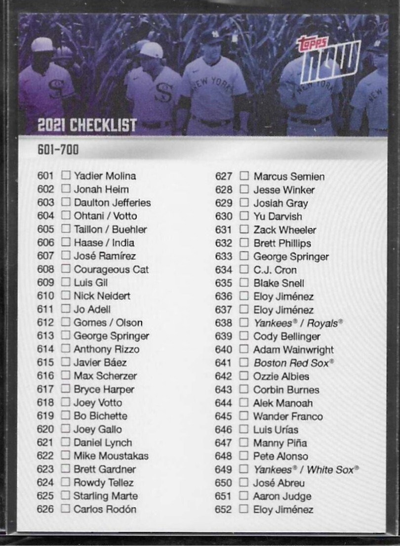 2021 Topps Now Checklist 601-700 Field of Dreams