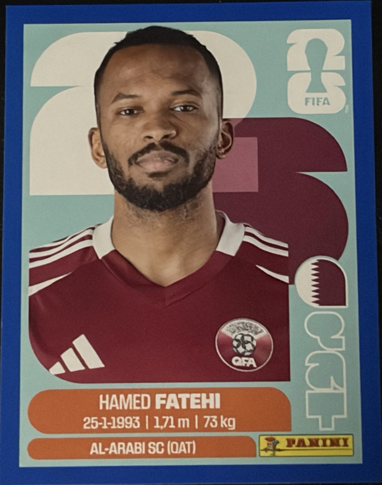 Panini FIFA World Cup Hamed Fatehi (Team Qatar) Blue Parallel QAT-12 Sticker!
