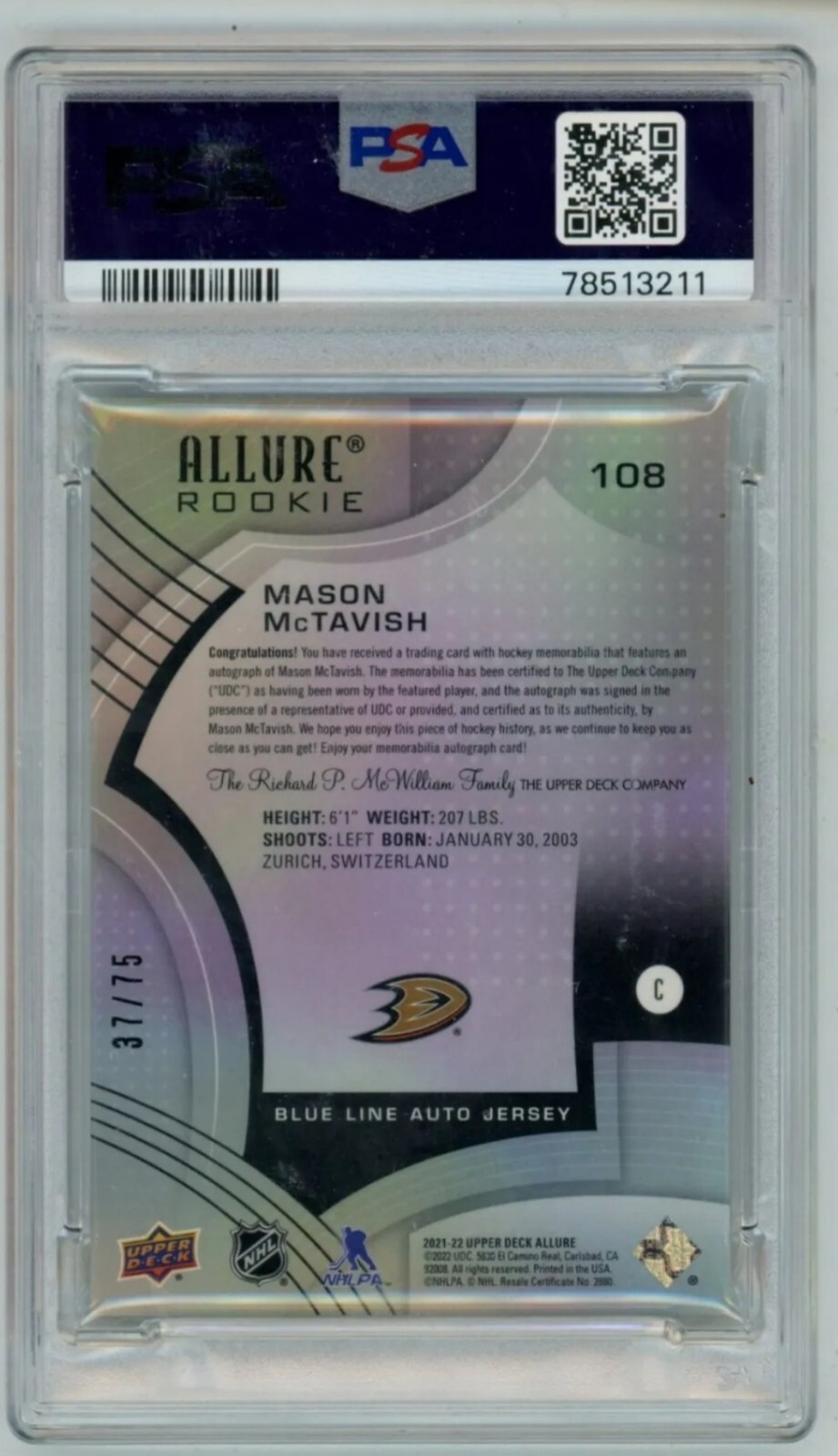 MASON MCTAVISH 2021 Upper Deck Allure Rookie RC Auto Patch #/75 PSA 10 POP 1