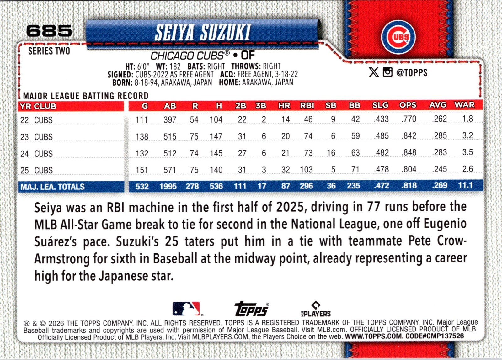 2026 Topps Series 2 – Seiya Suzuki #685 Orange Sun Foil Chicago Cubs