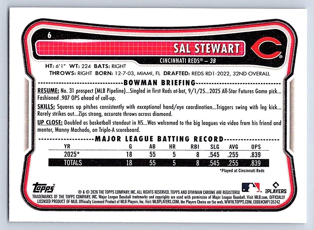 SAL STEWART REDS RC 2026 BOWMAN #6