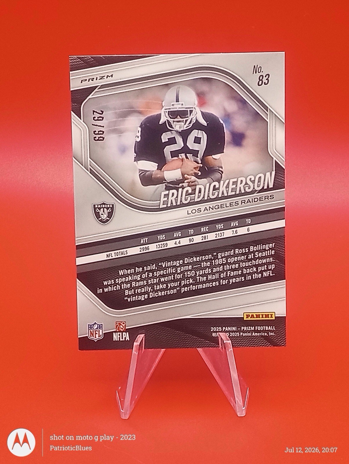 2025 Panini Prizm Eric Dickerson #83 Blue Ice Jersey # Match HOF #29/99 Raiders