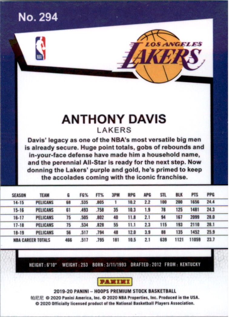 2019-20 Hoops Premium Stock #294 Anthony Davis – BSK