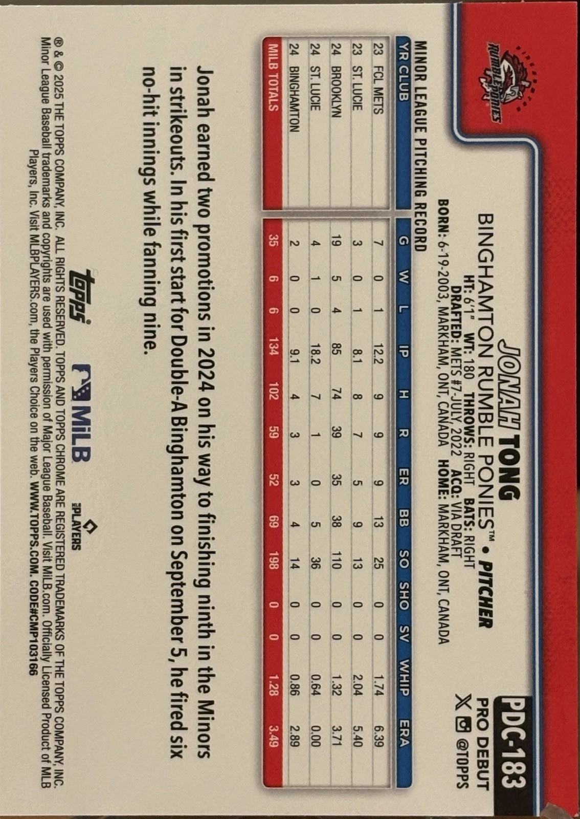 2025 Topps Pro Debut – Chrome Jonah Tong #PDC-183 Aqua Refractor /75 (RC)