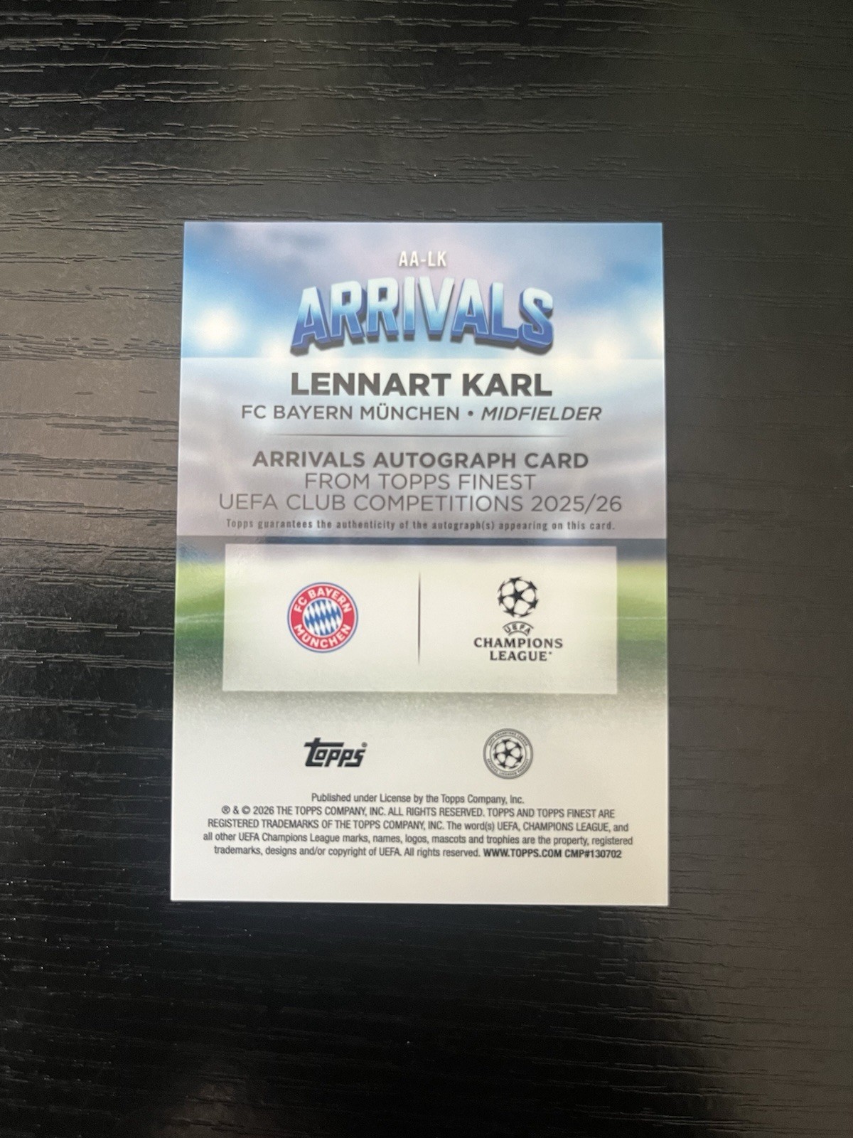 Lennart Karl 2025-26 Topps Finest UCC Arrivals Gold Auto RC 49/50 Bayern Munich