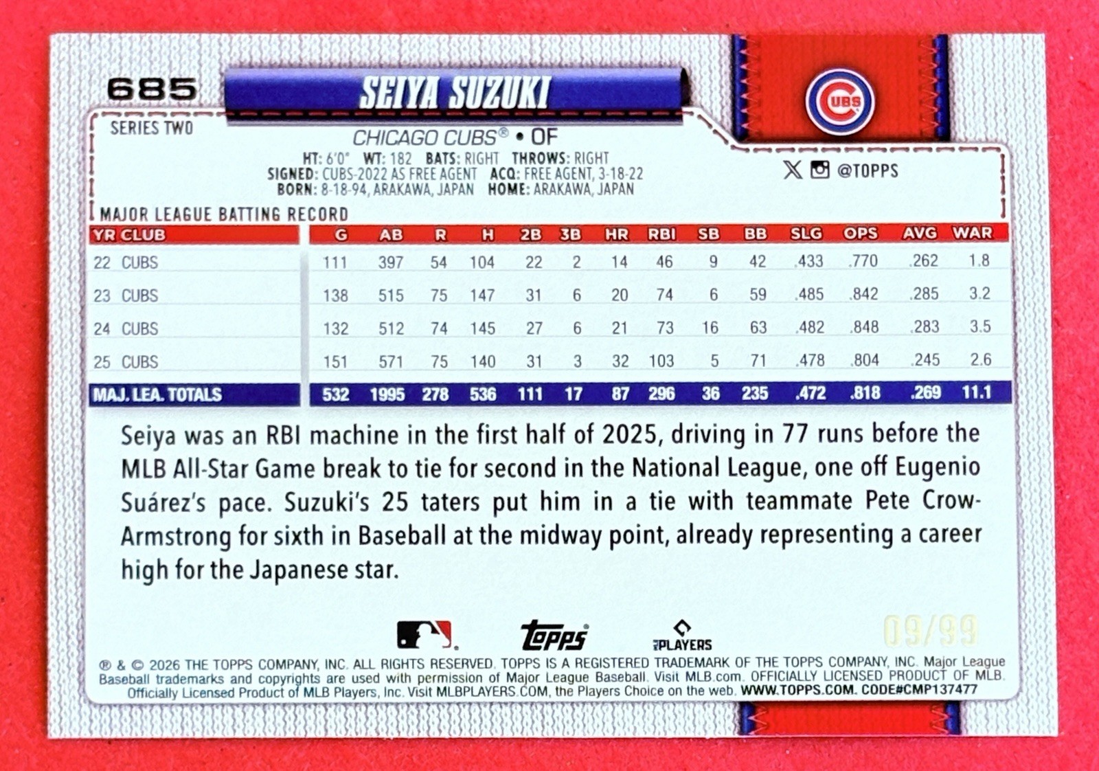 2026 Topps Series 2 – Seiya Suzuki #685 All-Star Game Green Foil /99