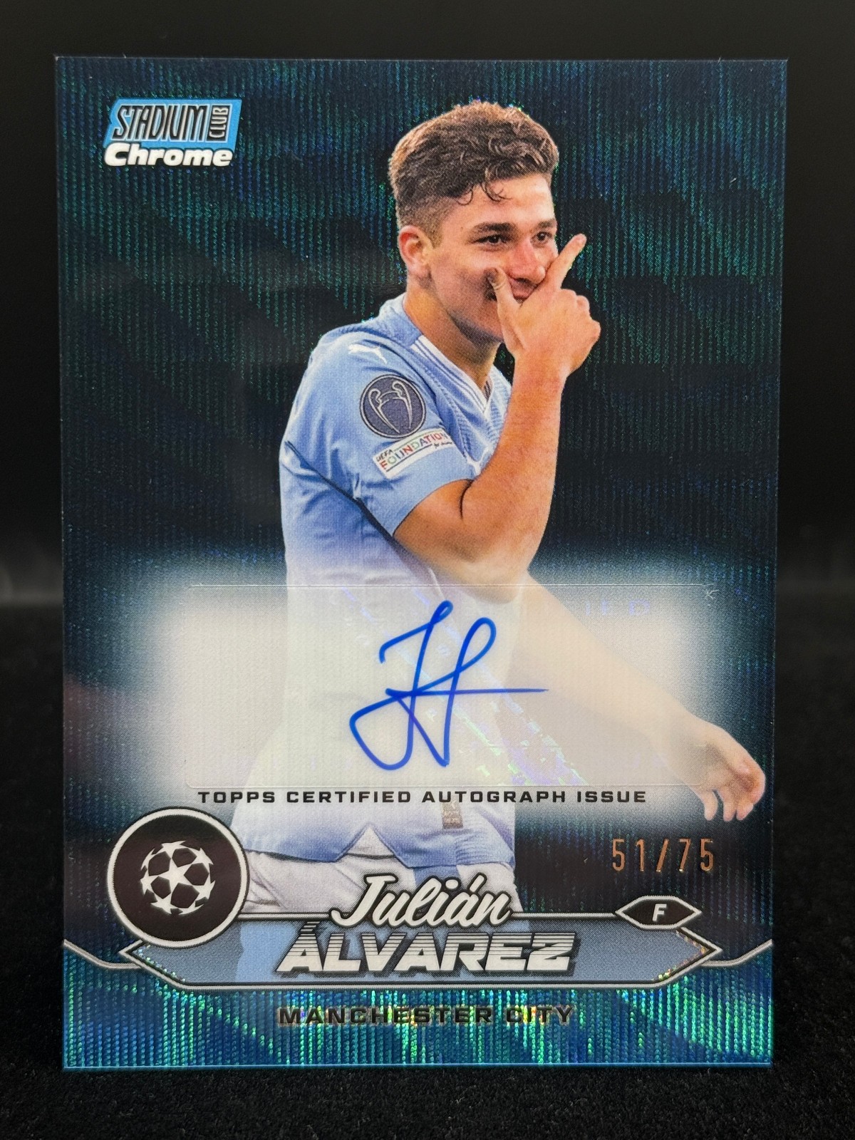 2023-24 Topps Stadium Club Chrome Julian Alvarez Auto Blue Wave Refractor #/75