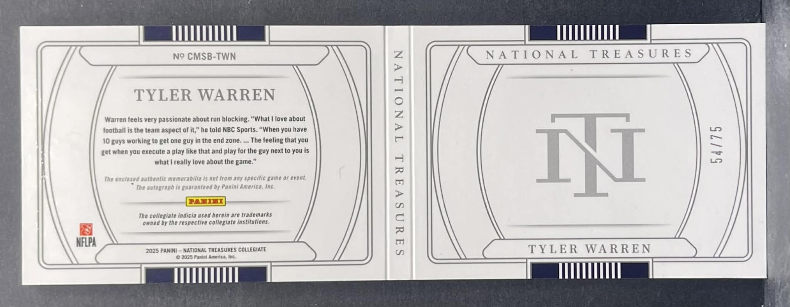 2025 National Treasures Collegiate Tyler Warren Booklet Rookie Patch Auto /75