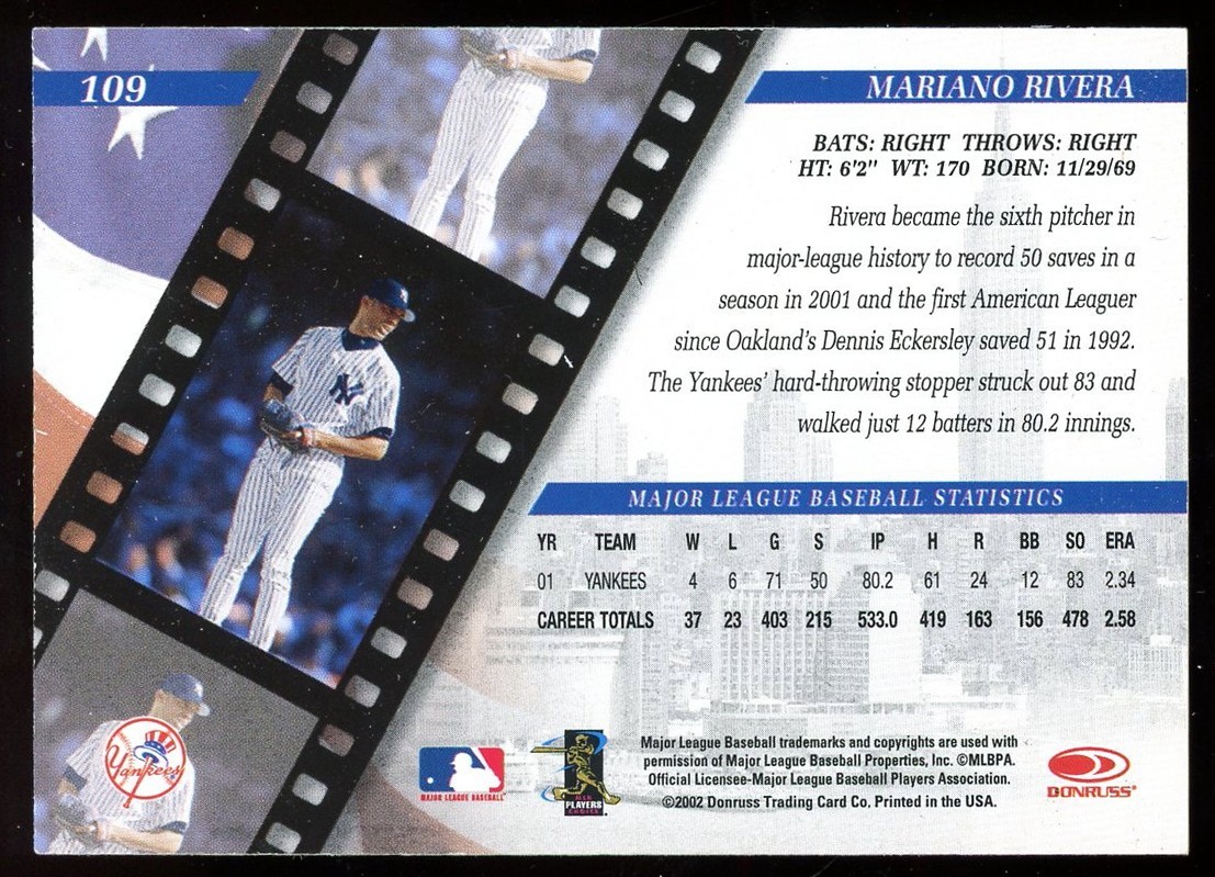 2002 DONRUSS STUDIO #109 MARIANO RIVERA YANKEES BASE NM FRONT BACK & PICS