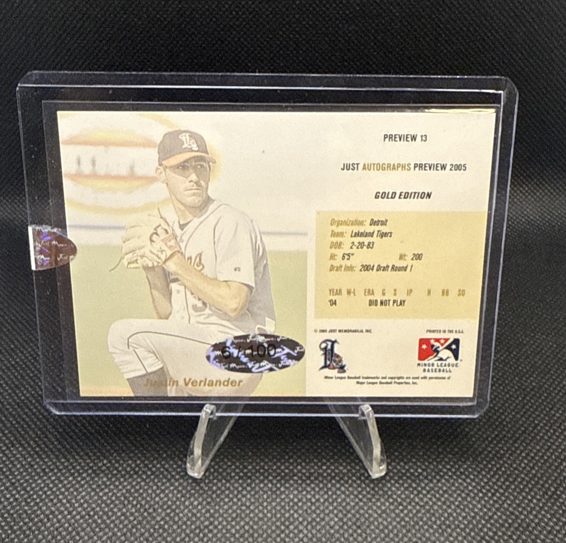 2005 Just Minors, JUSTIN VERLANDER, Auto Preview, Rookie Card RC, Gold #6/100