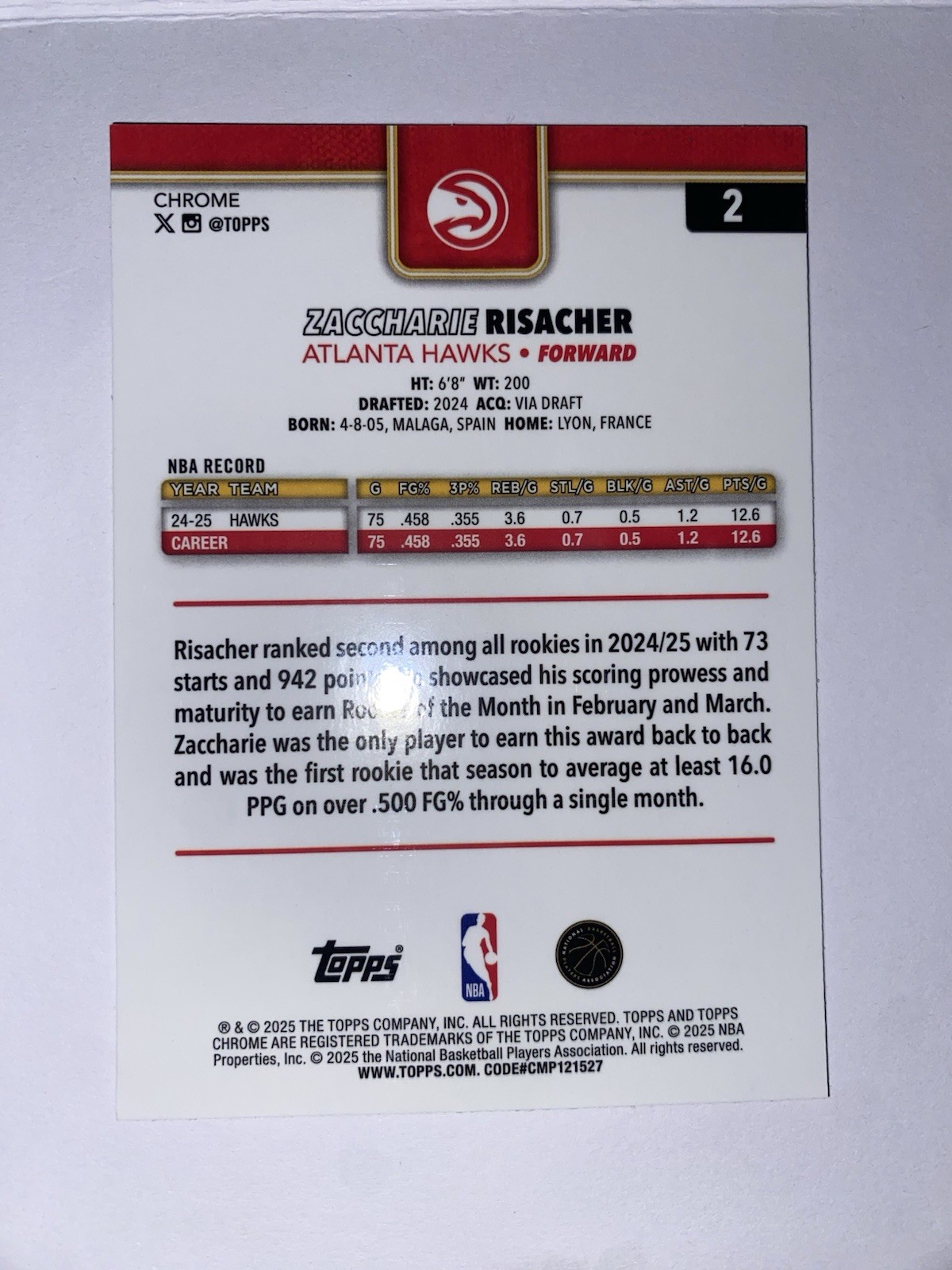 2025-26 Topps Chrome Zaccharie Risacher Purple Refractor /75 #2