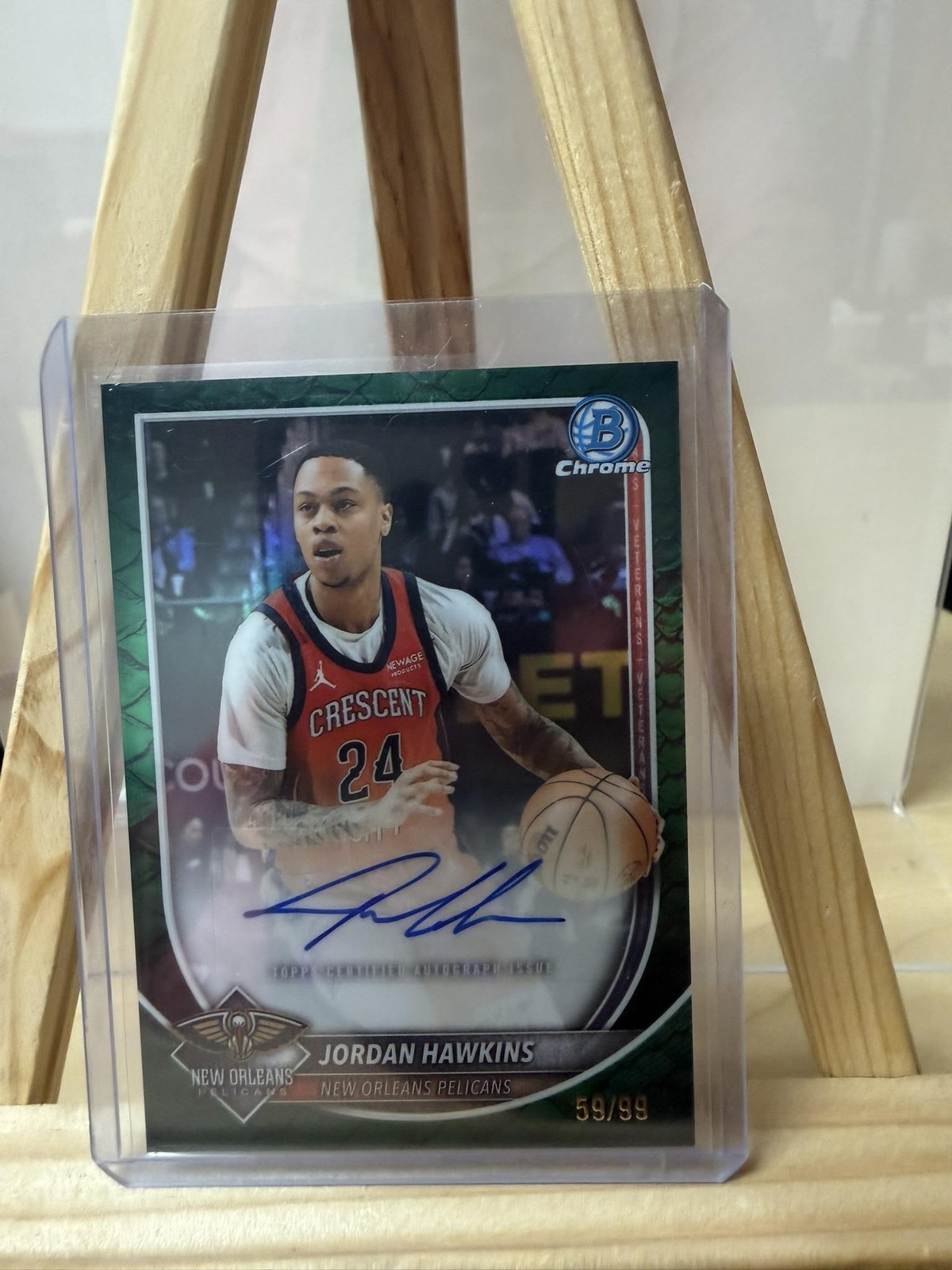 2025-26 Bowman #BCA-JA Jordan Hawkins Chrome Auto Reptilian Green Refractor #/99