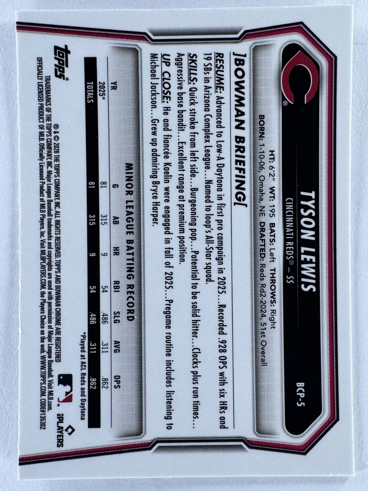 TYSON LEWIS 2026 Bowman #BCP-5 Chrome Prospects REPTILIAN REFRACTOR Reds