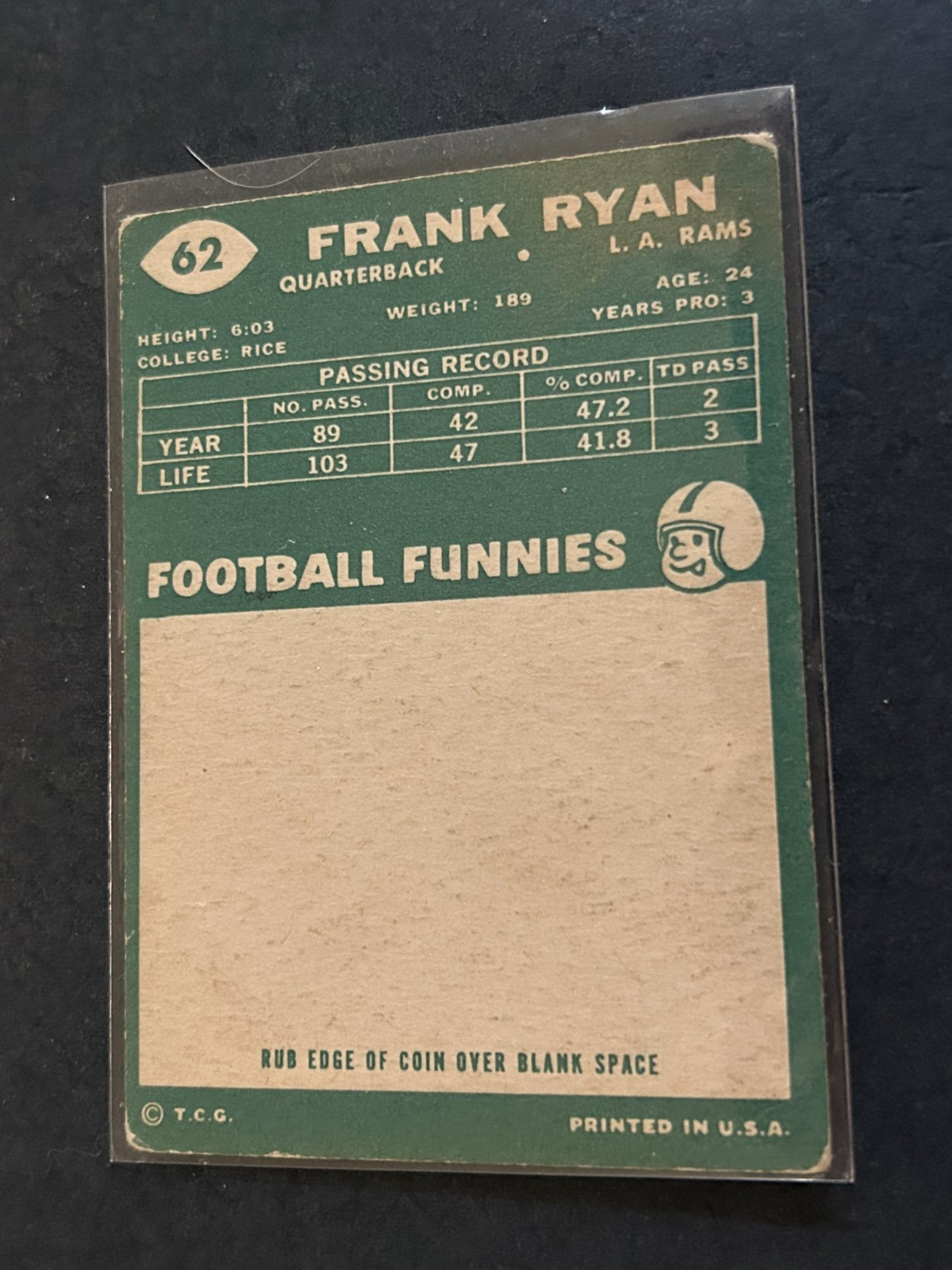 1960 Topps # 62 Frank Ryan Los Angeles Rams RC…VG++/EX…Free Shipping