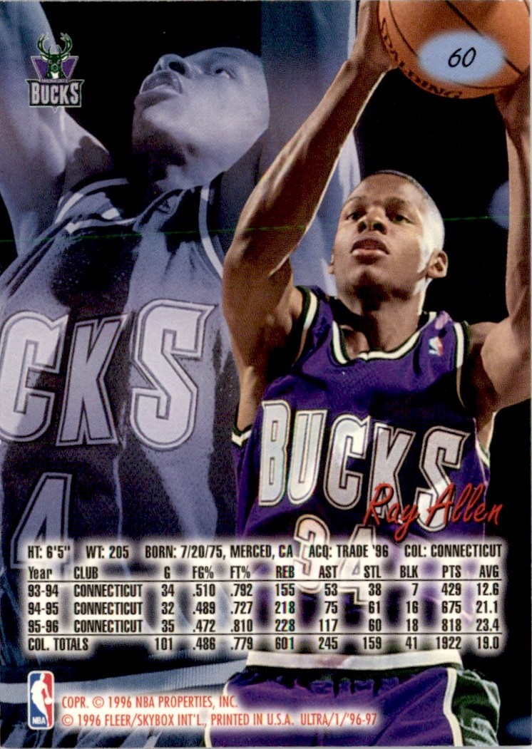 1996-97 Ultra Ray Allen RC Milwaukee Bucks #60