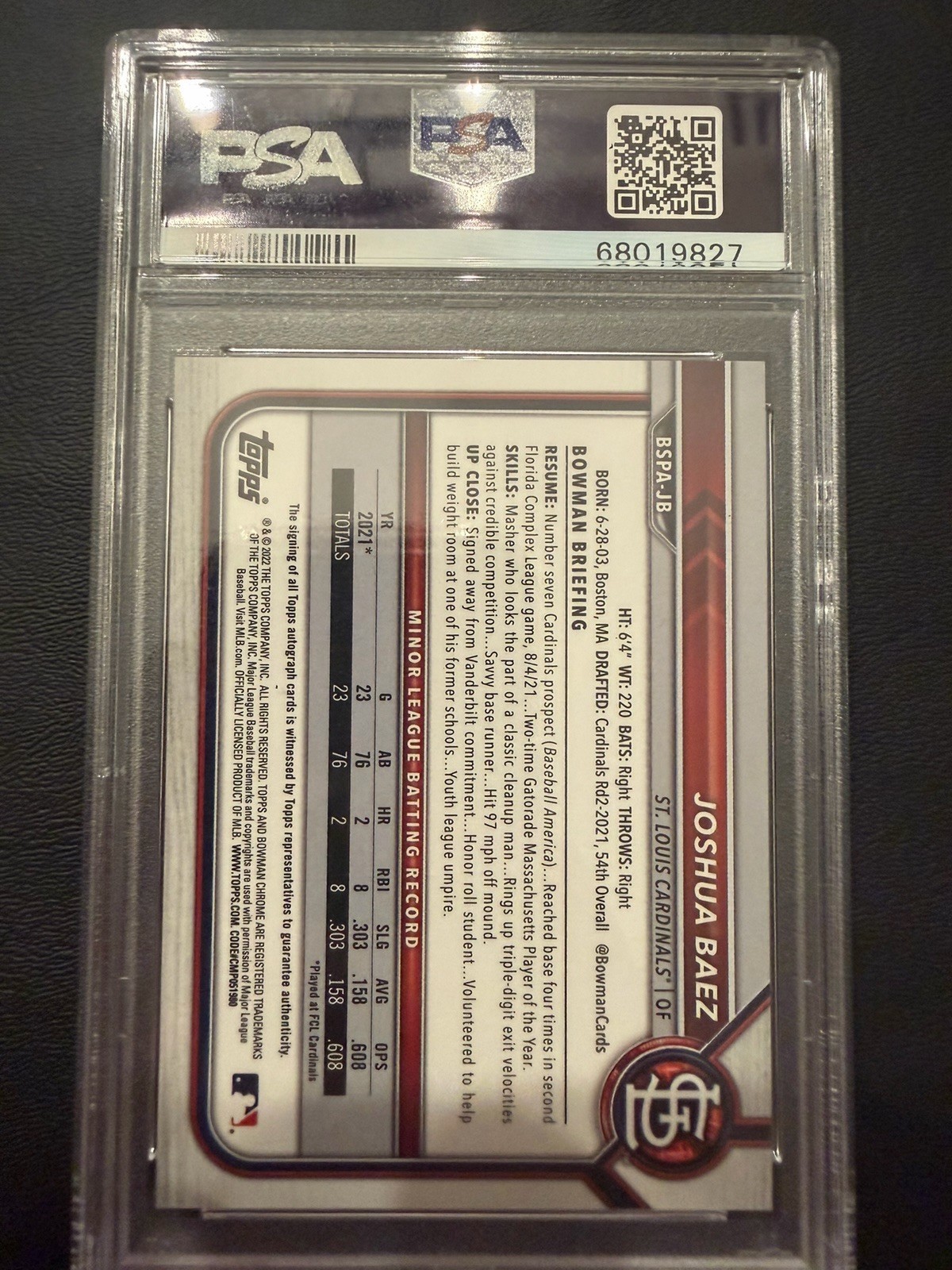 2022 Bowman Chrome Sapphire Joshua Baez 1st Auto Green /50 PSA 9