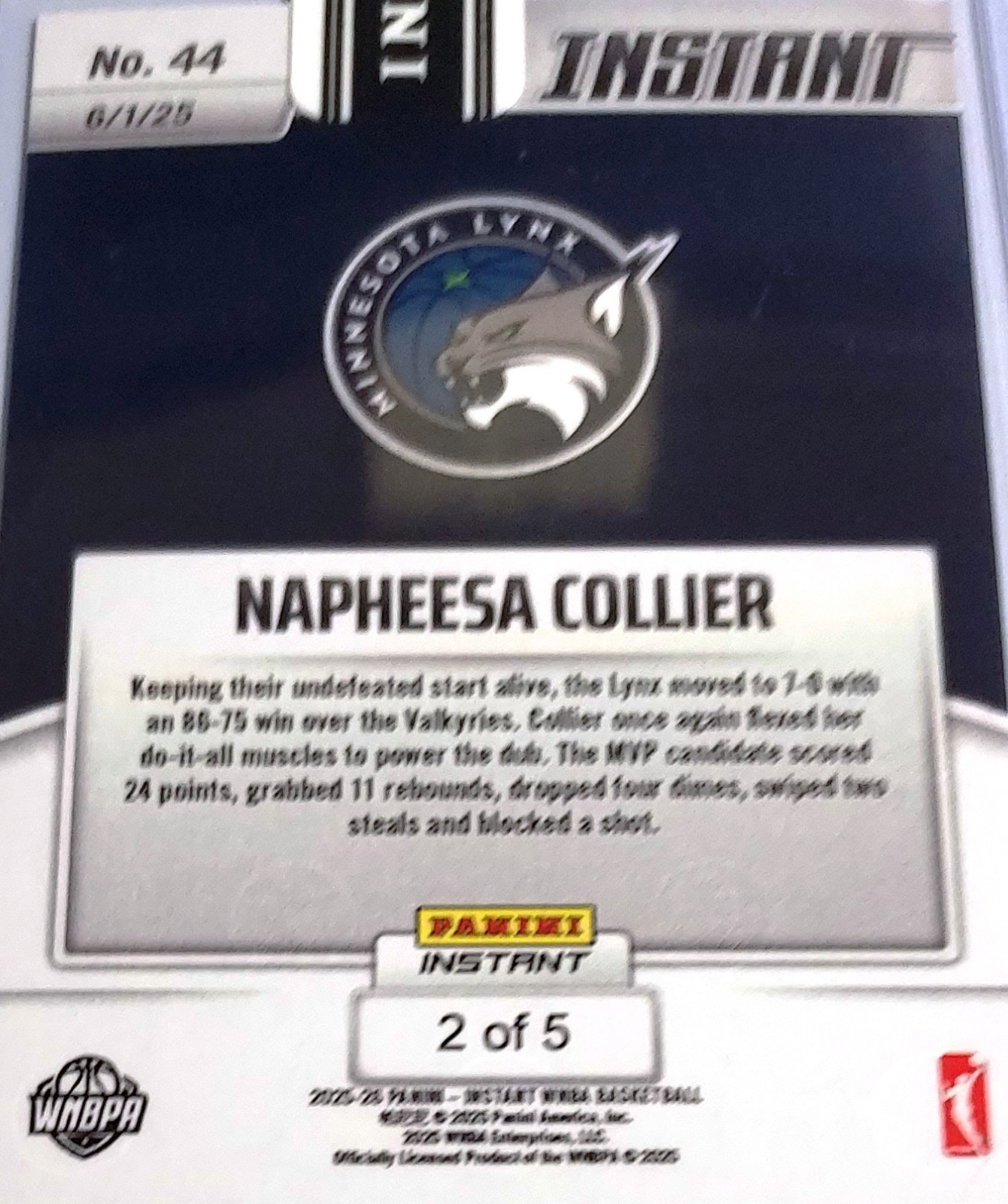 NAPHEESA COLLIER 2025 PANINI INSTANT WNBA #44 ⚡️ LIGHTNING /5 ⚡️ Minnesota Lynx