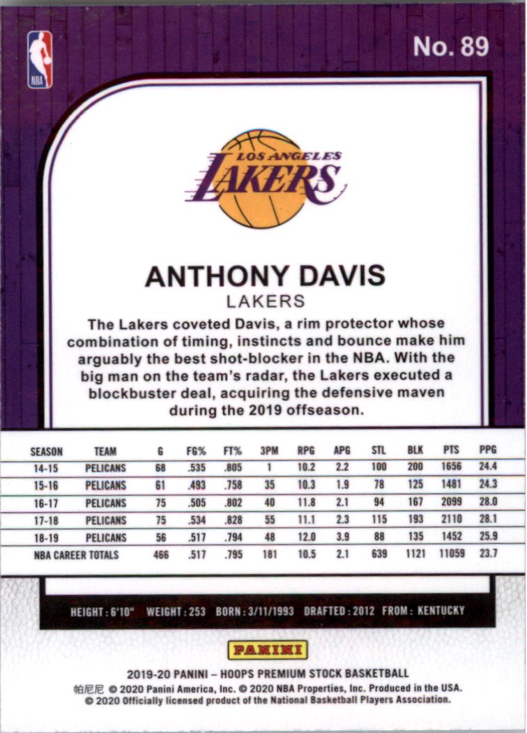 2019-20 Hoops Premium Stock #89 Anthony Davis – BSK
