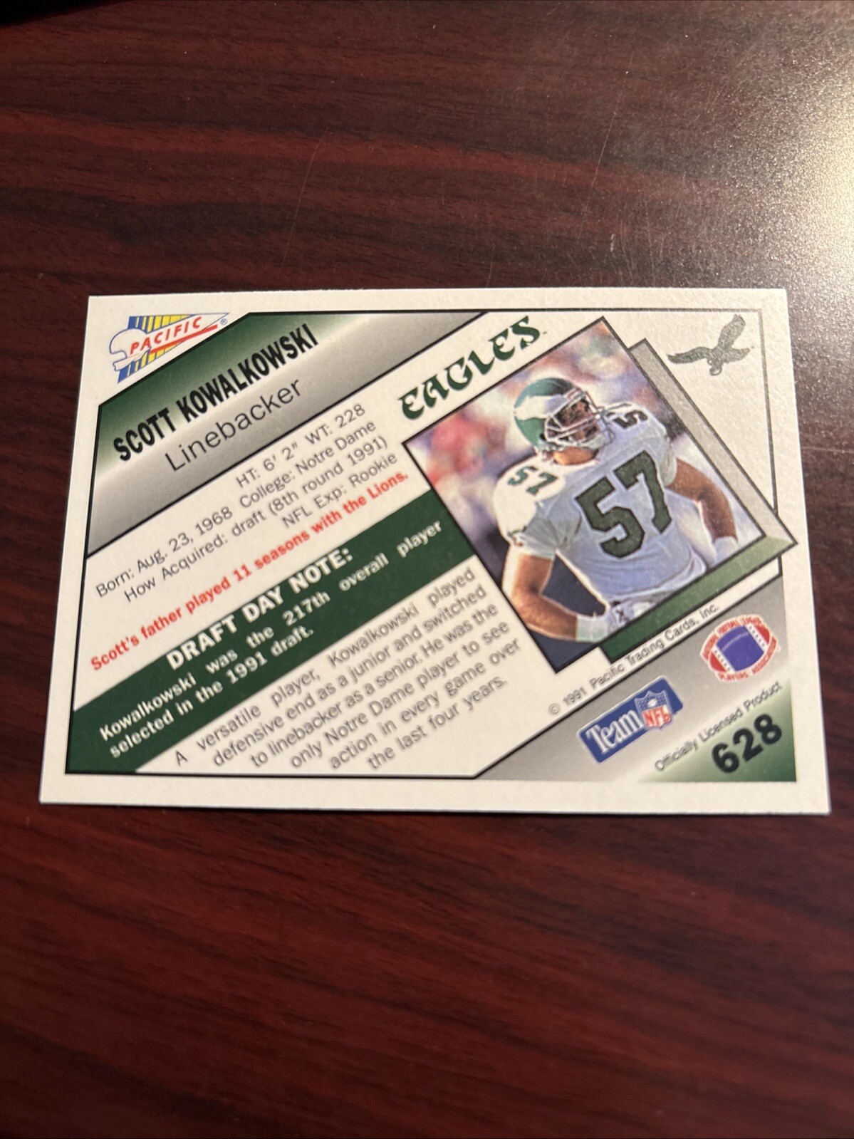 1991 Pacific – #628 Scott Kowalkowski RC Rookie Philadelphia Eagles Notre Dame