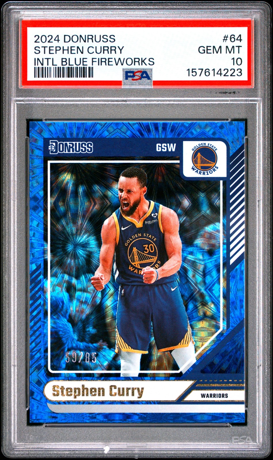 2024 PANINI DONRUSS INTERNATIONAL BLUE FIREWORKS #64 STEPHEN CURRY 59/85 PSA 10