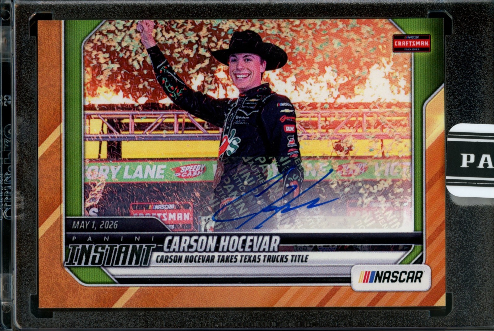 Carson Hocevar 2026 Panini Instant #33 Texas Truck Title Win Gold Autograph 9/10