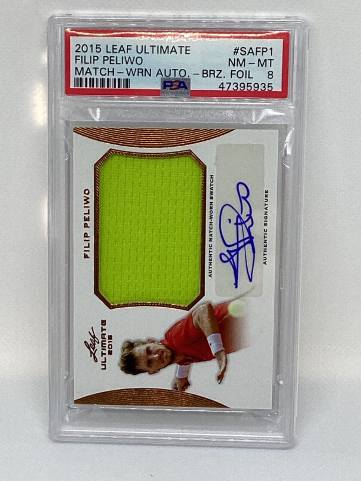 2015 Leaf Ultimate Match Worn Bronze Auto Filip Peliwo PSA 8