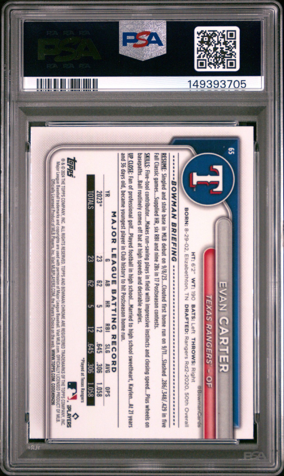 2024 Bowman Chrome Mega Box #65 Evan Carter Blue Refractor PSA 9