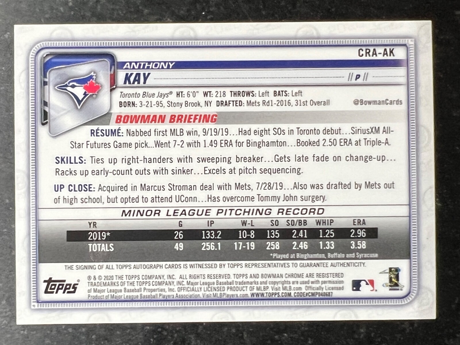 2020 Bowman Chrome Rookie Autograph Anthony Kay