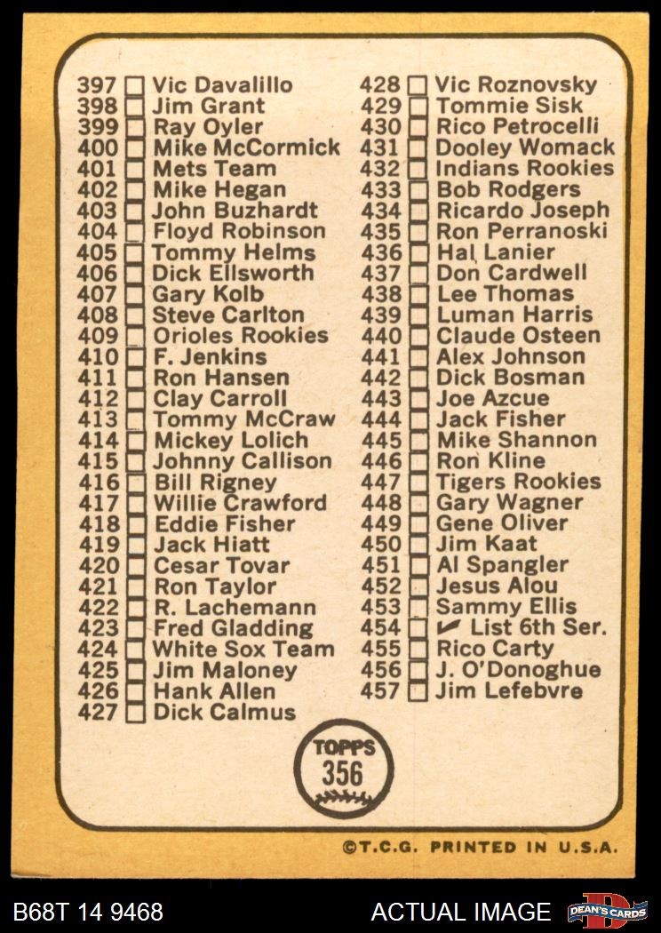 1968 Topps #356 Ken Holtzman Checklist 5 Inset photo varies Cubs 3 – VG