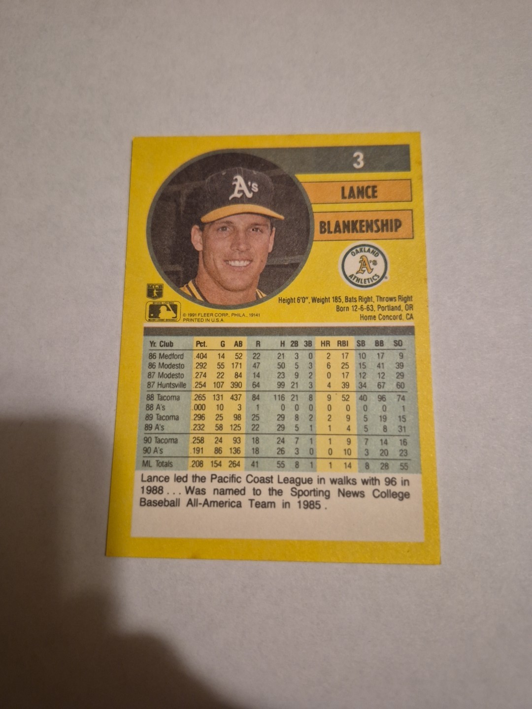 LANCE BLANKENSHIP 1991 FLEER #3 FREE SHIPPING